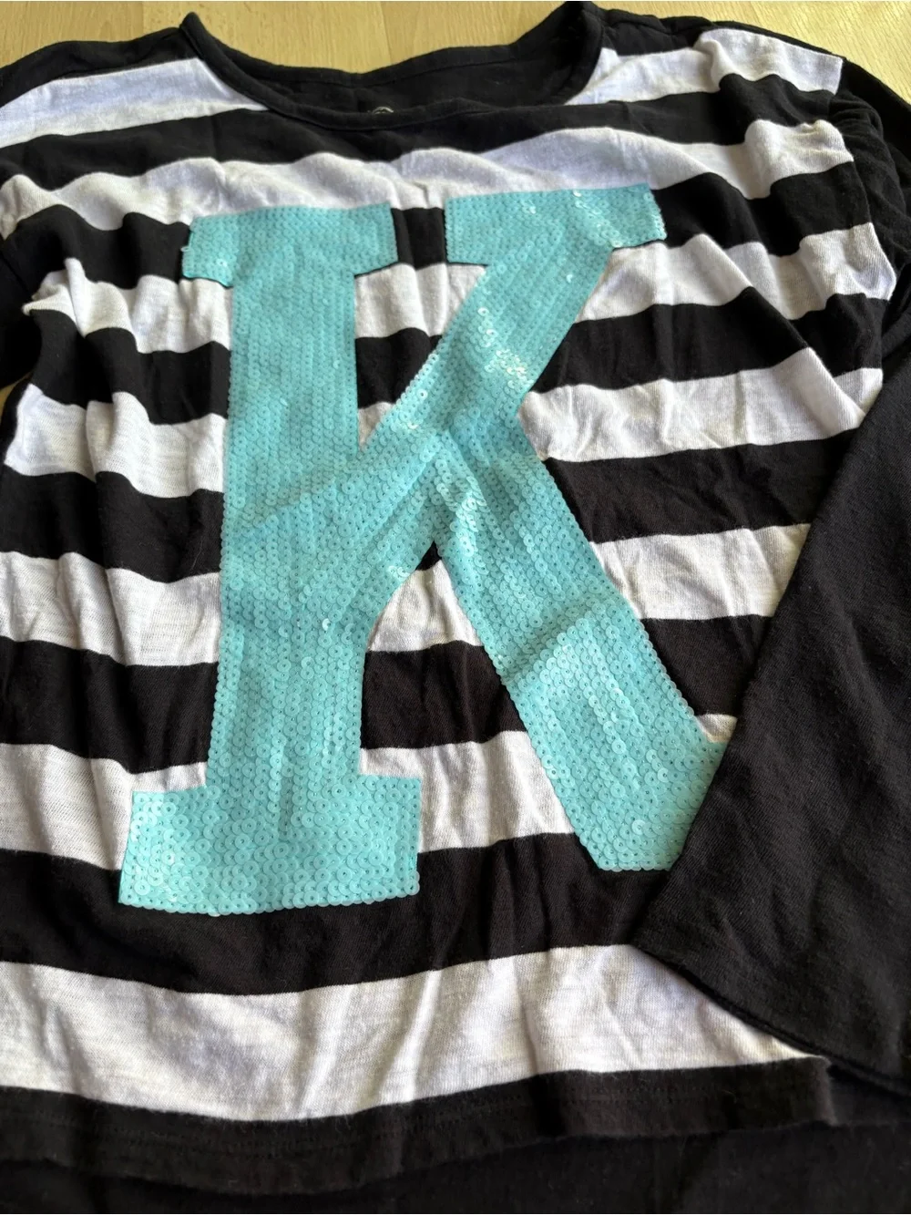 Justice girls 12/14 sequin monogram K long sleeve stripe shirt